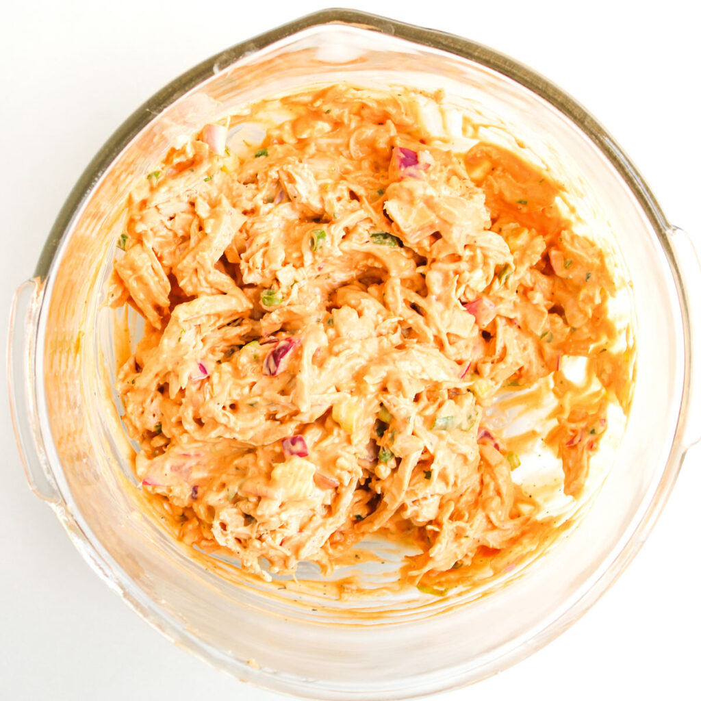 buffalo chicken salad in glass bowl