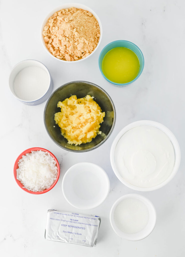 pina colada pie ingredients in bowls on countertop