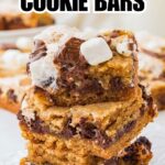 stack of pieces of s'mores cookie bars with recipe name overlay