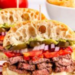 halved steak torta with recipe name overlay