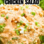 close up of buffalo chicken salad with recipe name overlay