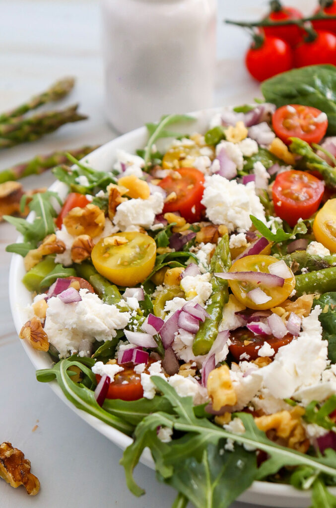 close up of goat cheese asparagus salad