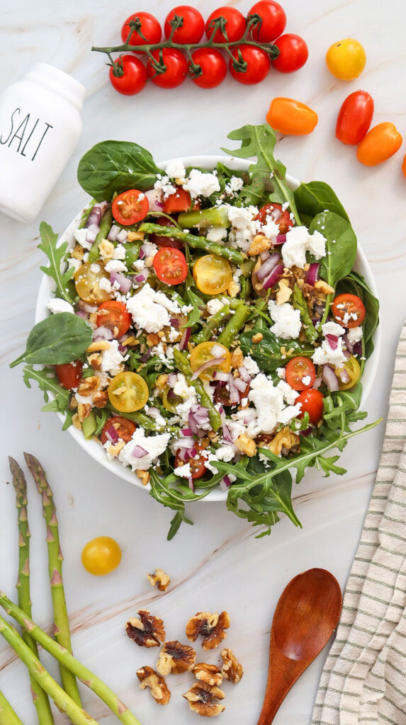 overhead view of goat cheese asparagus salad