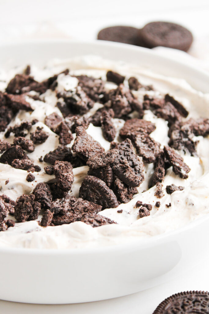 oreo cheesecake dip in white bowl
