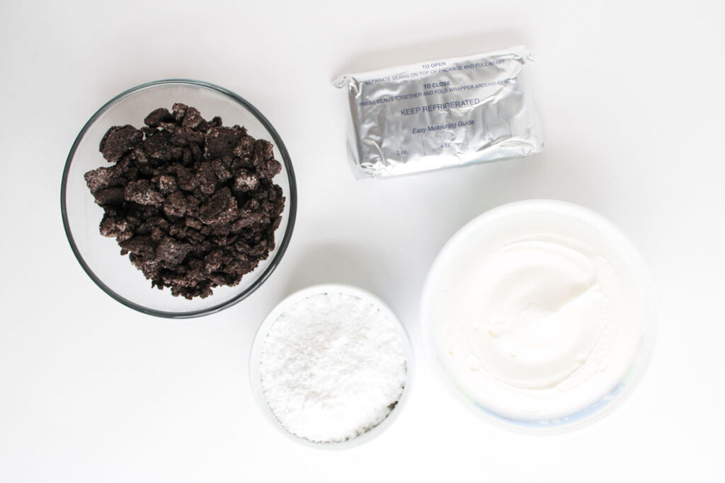 oreo cheesecake dip ingredients on countertop