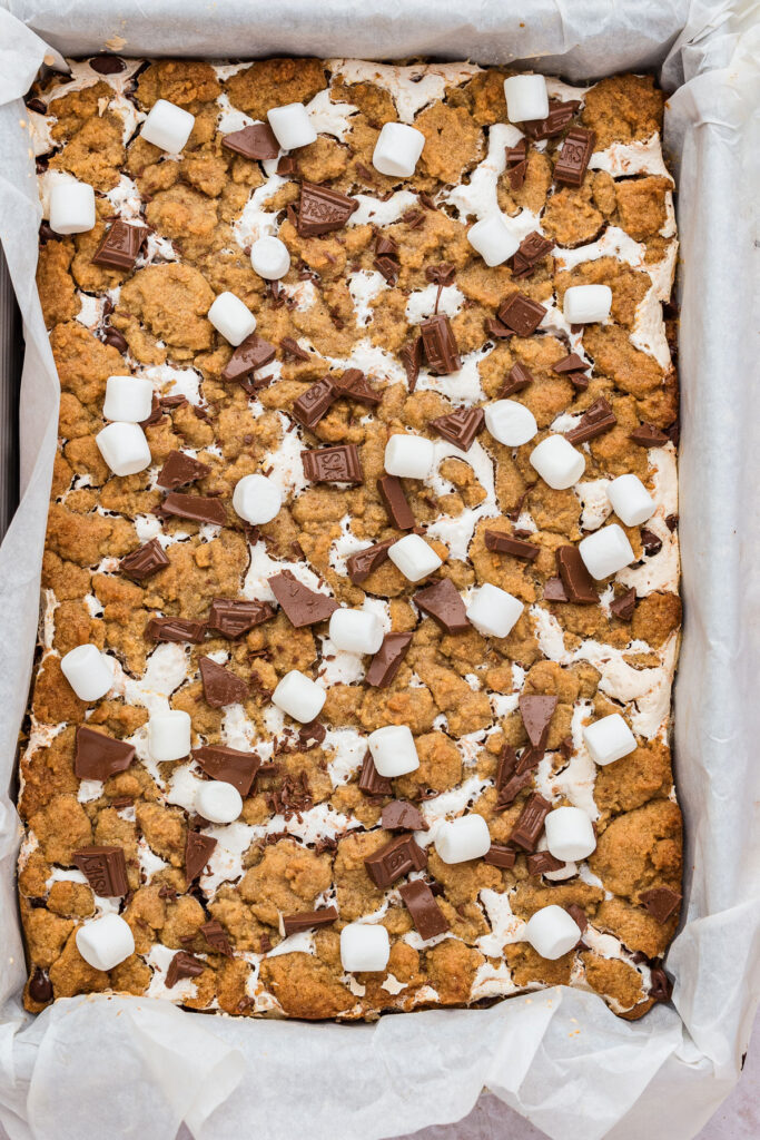 s'mores cookie bars before slicing