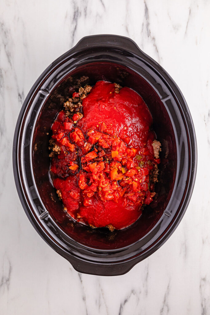 chili ingredients in slow cooker