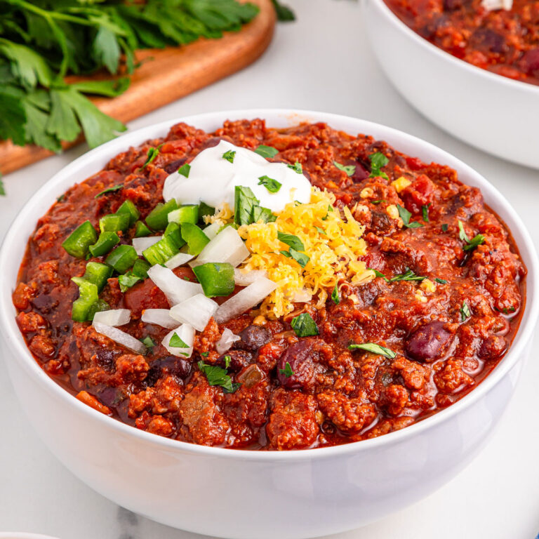 slow cooker chili in white bowl