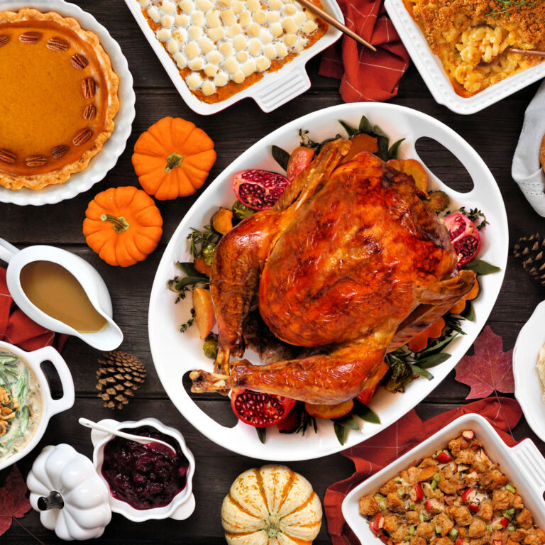 overhead view of thanksgiving dinner table
