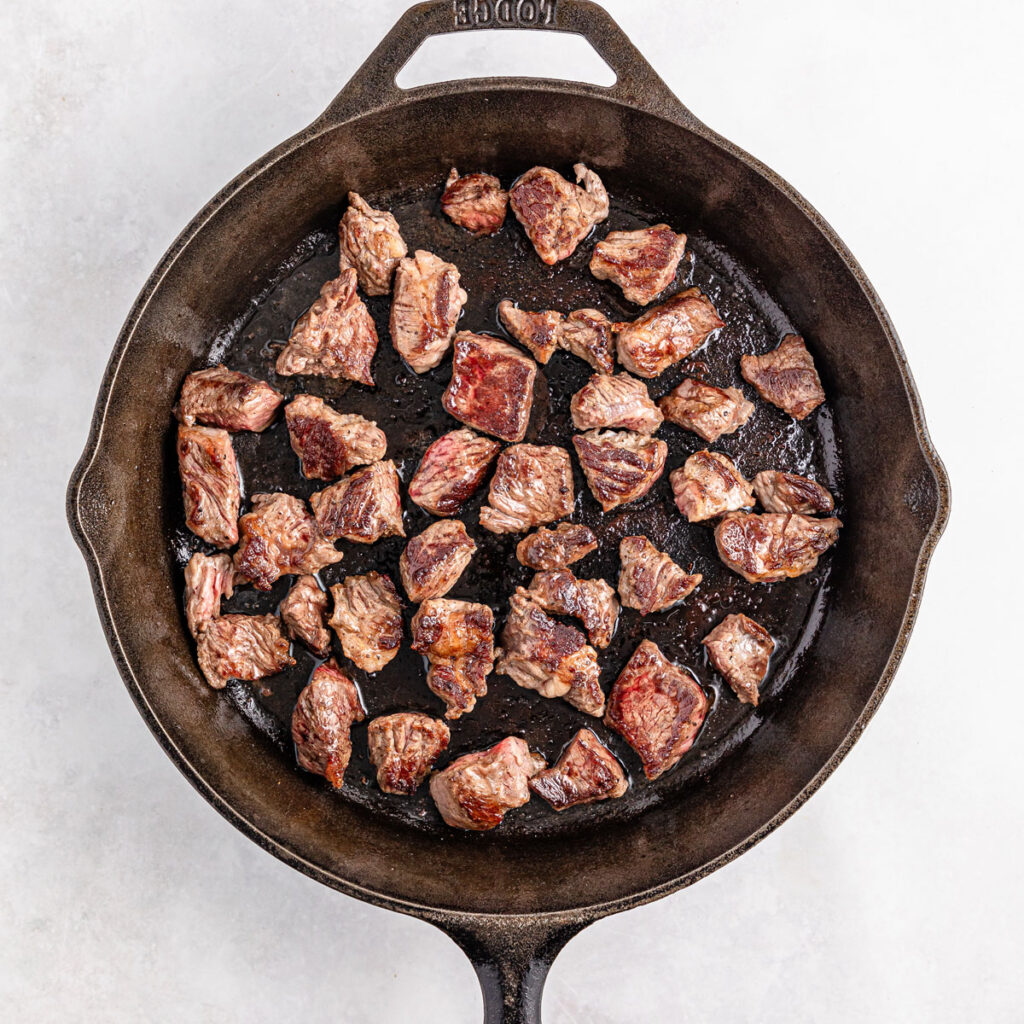 browning beef in cast iron skillet