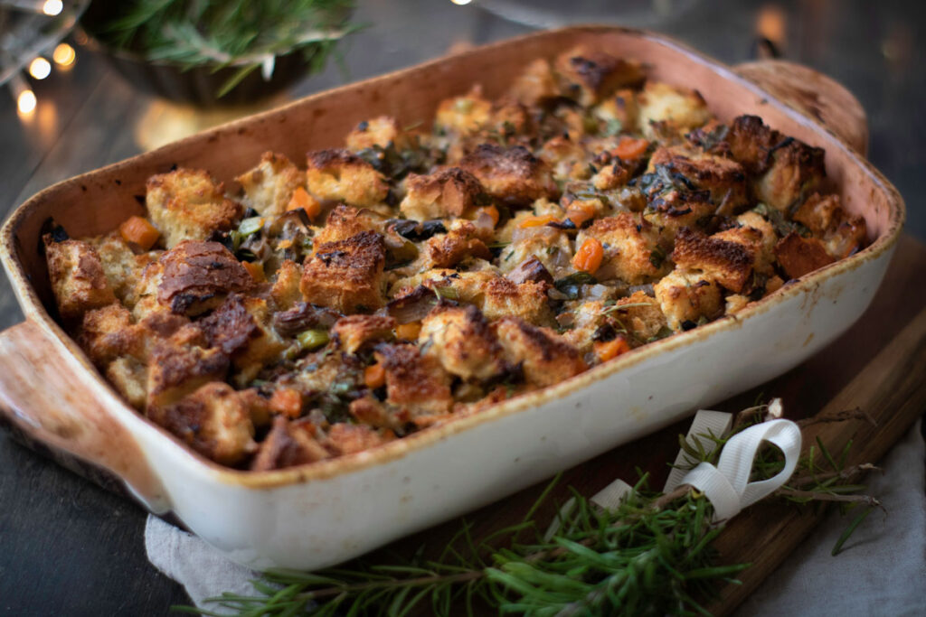 vegetable herb stuffing in baking dish