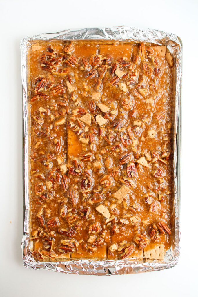 pecan pie bark in baking sheet