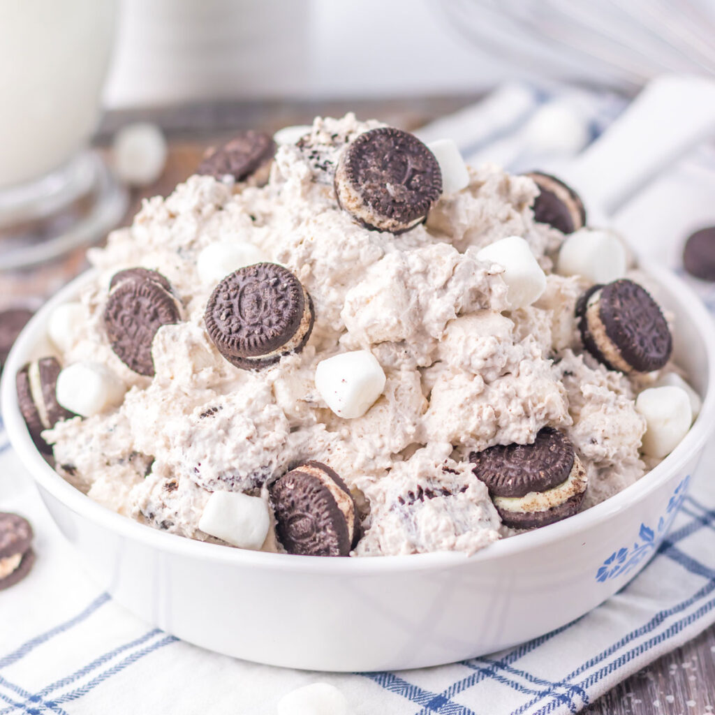 bowl of oreo fluff no bake dessert