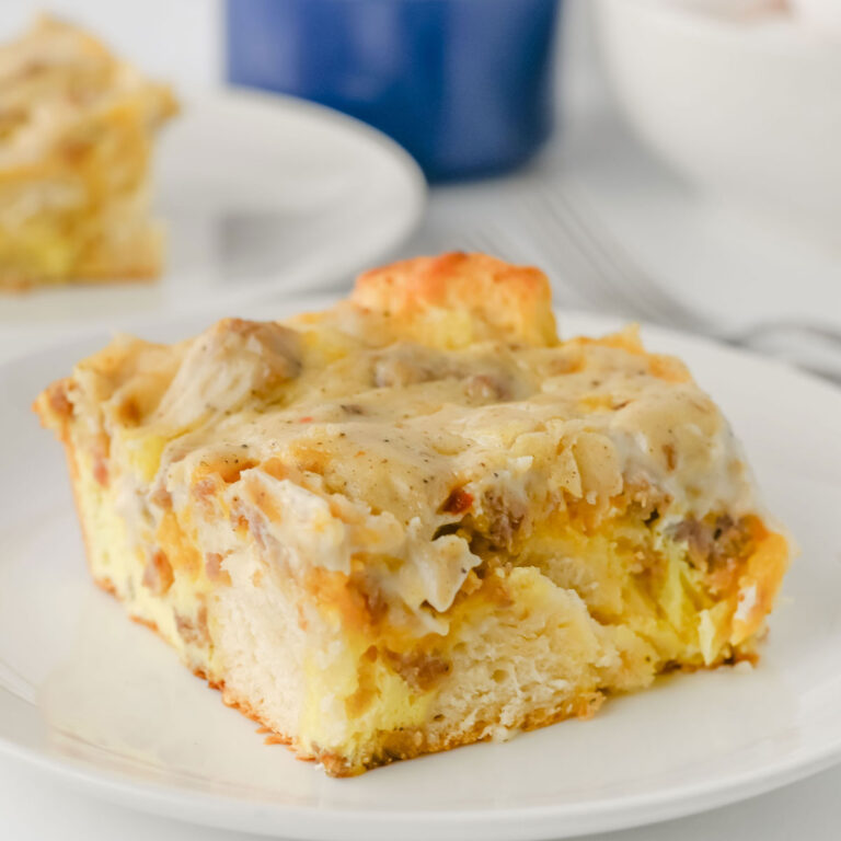 slice of biscuit and gravy casserole