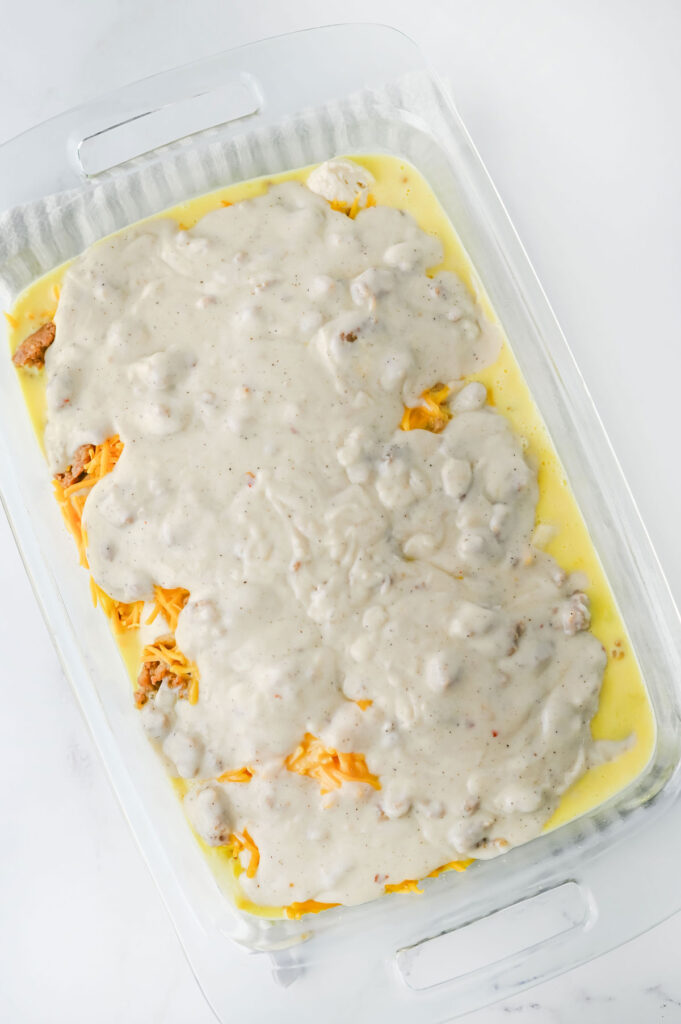 biscuits and gravy casserole before baking