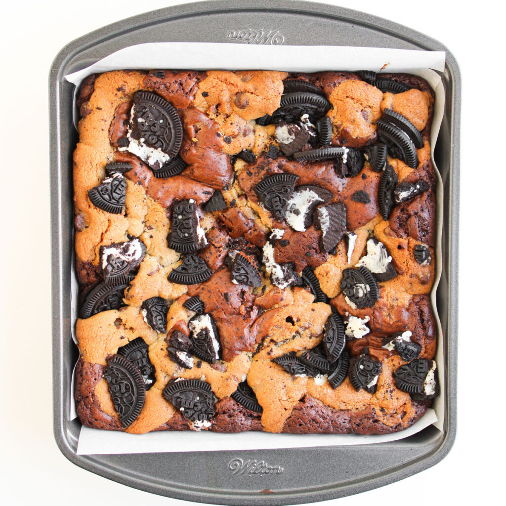 oreo brookies in pan after baking