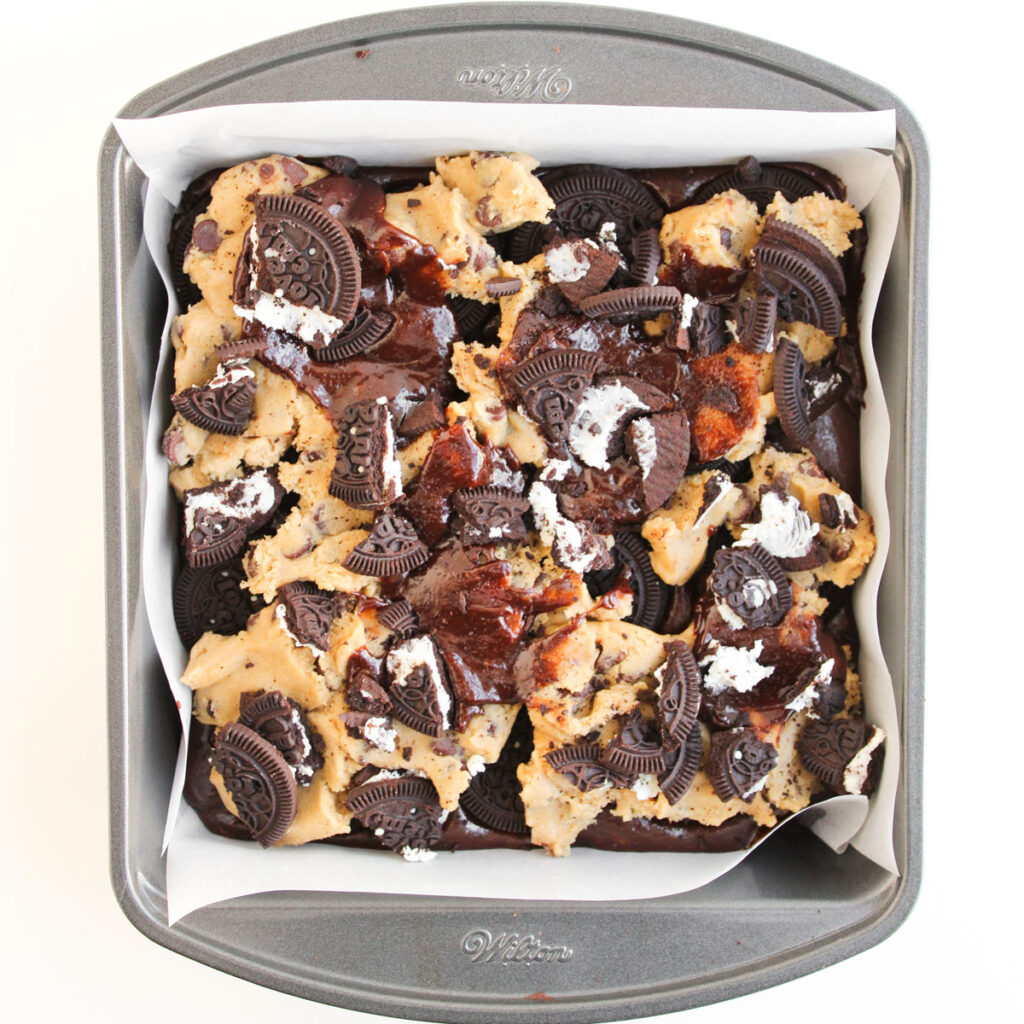 oreo brookies in pan before baking