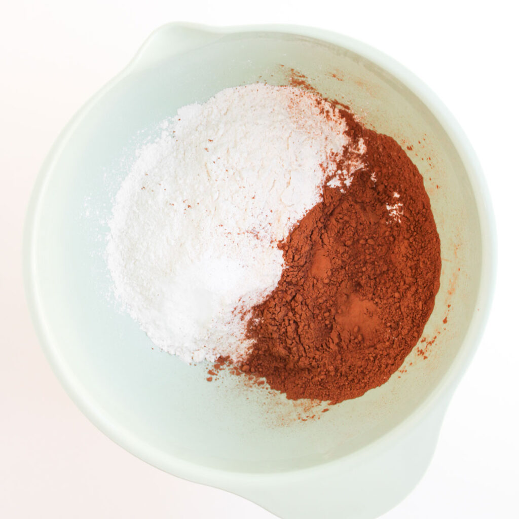 flour and cocoa in bowl for making reindeer muffins