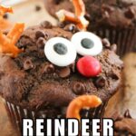 Rudolph the Red Nosed Reindeer chocolate muffin with recipe name overlay