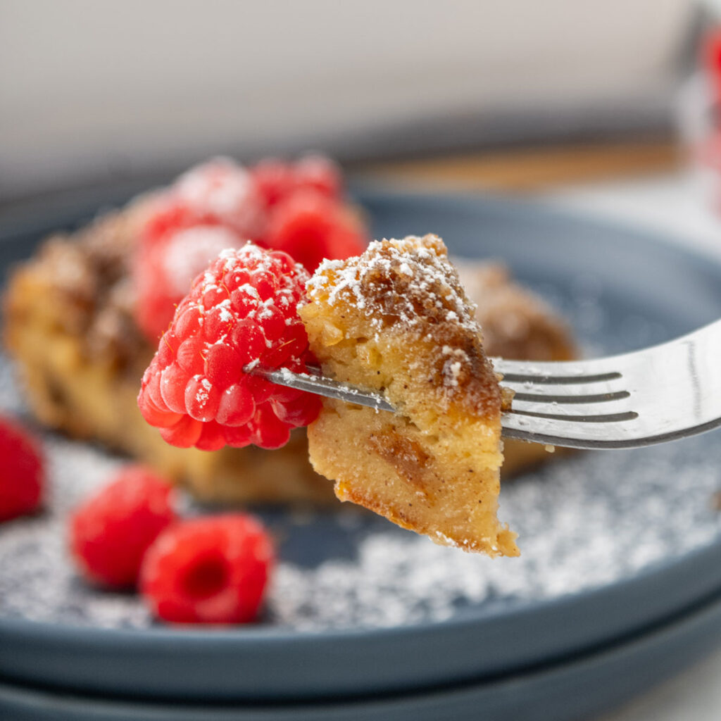 fork with bite of french toast casserole