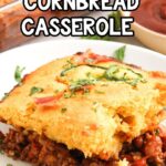 serving of cowboy casserole on white plate with recipe name overlay
