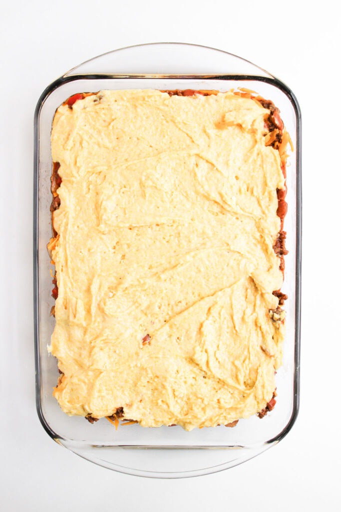 cowboy casserole before baking and adding jalapeños