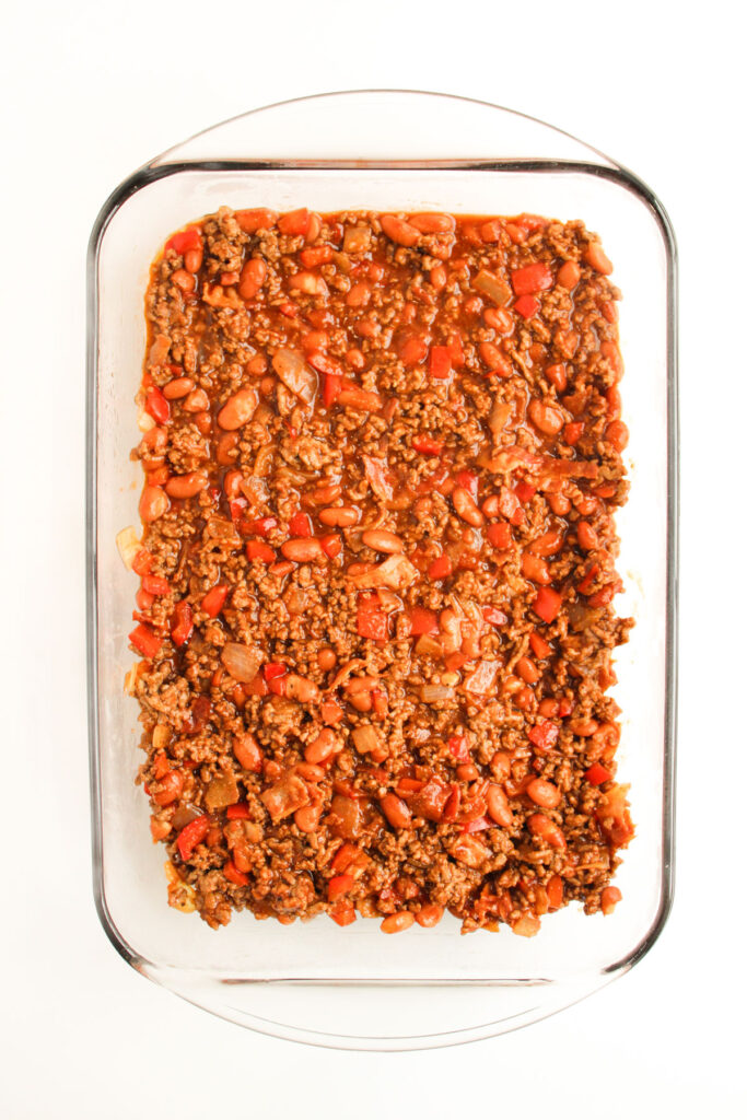 meat and beans for cowboy casserole in baking dish