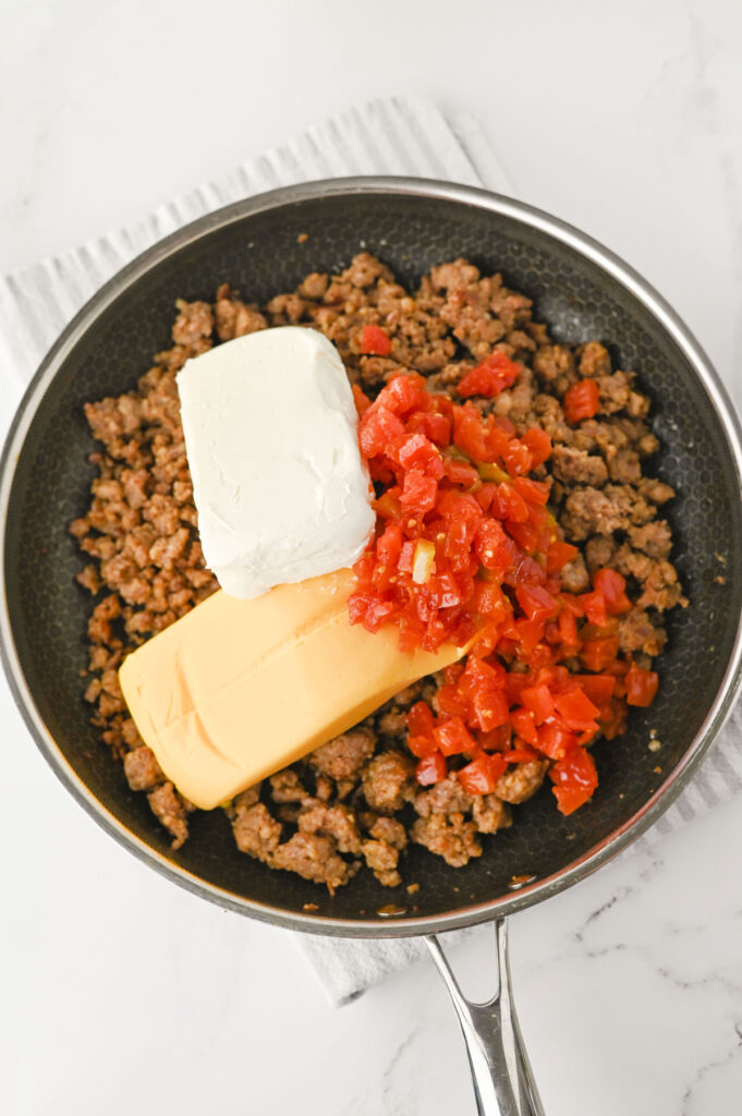 football dip ingredients in skillet