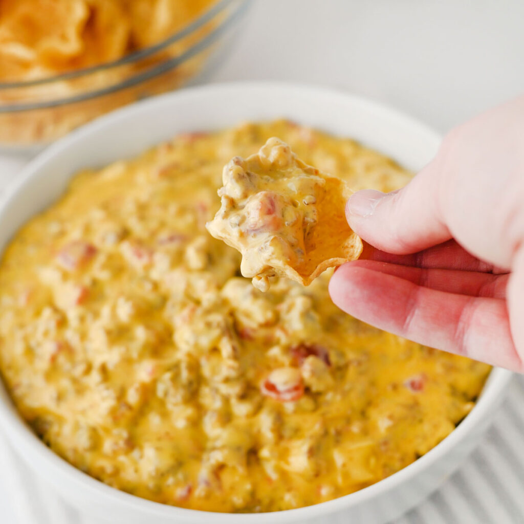 scoop of football dip on corn chip