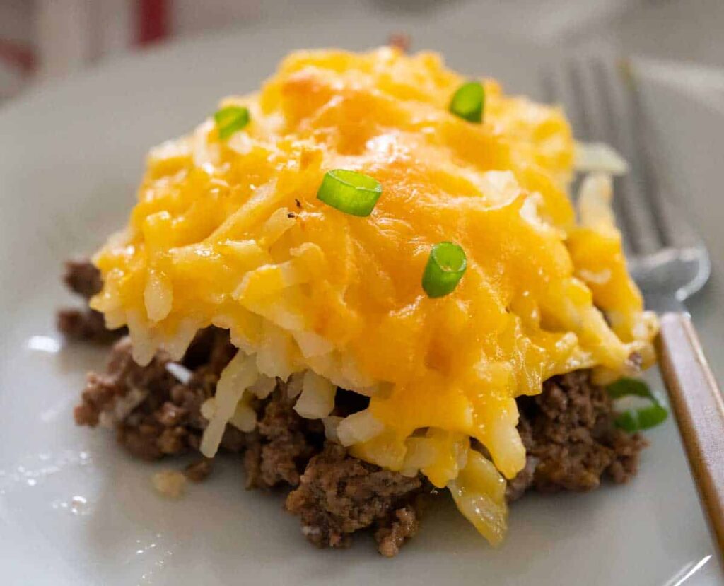 serving of hamburger hash brown casserole