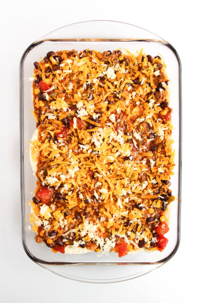 enchilada casserole before baking
