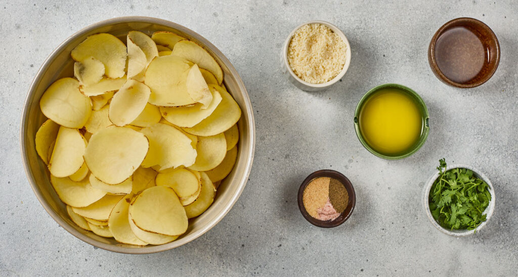 potato stacks ingredients in bowls on counter