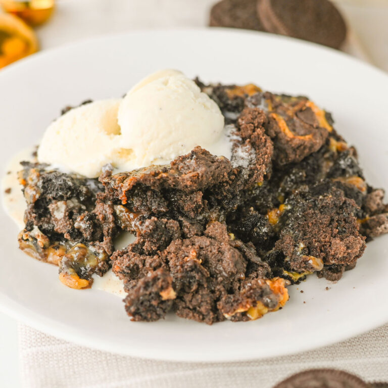 oreo dump cake on white plate