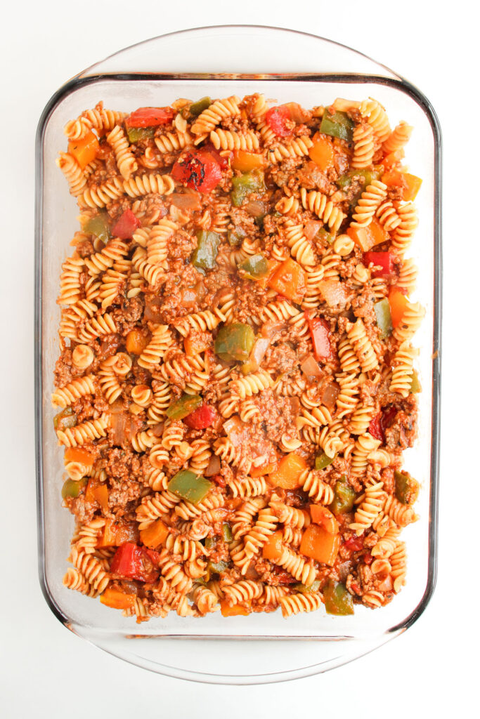 stuffed pepper casserole without cheese on it before baking