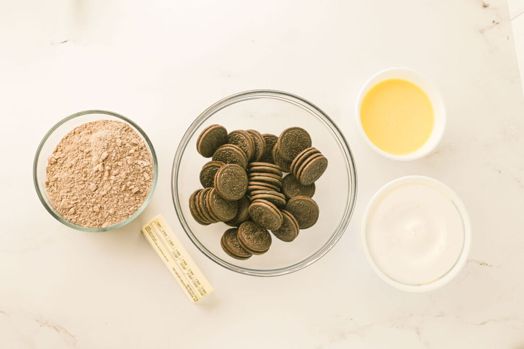 oreo dump cake ingredients in bowls