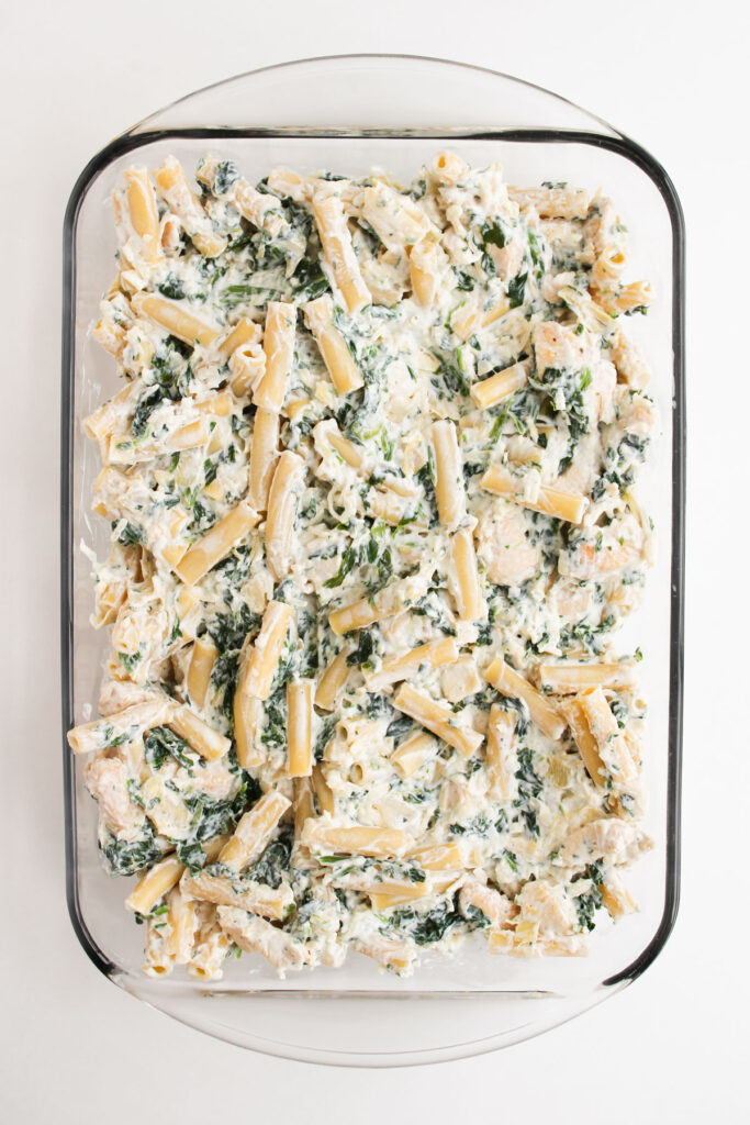 spinach Artichoke Chicken Casserole before topping with cheese and baking