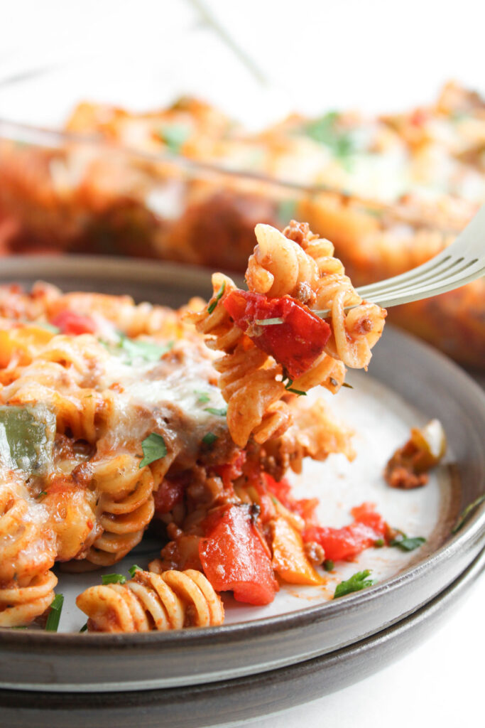 bite of stuffed pepper casserole on fork