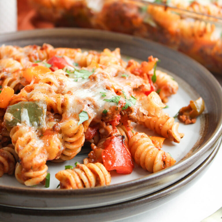 stuffed pepper casserole on grey plate