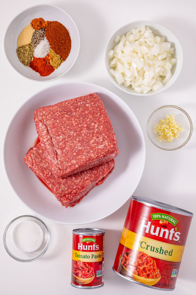 hot dog chili ingredients on countertop