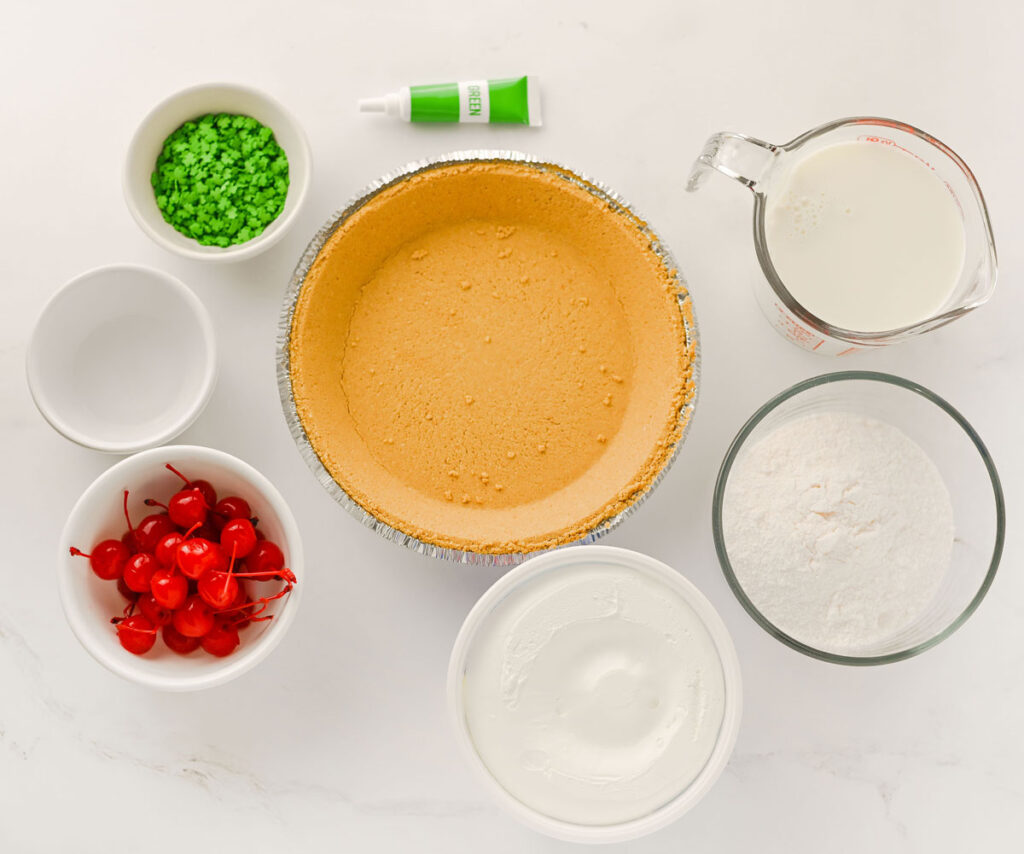 shamrock shake pie ingredients in bowls on countertop