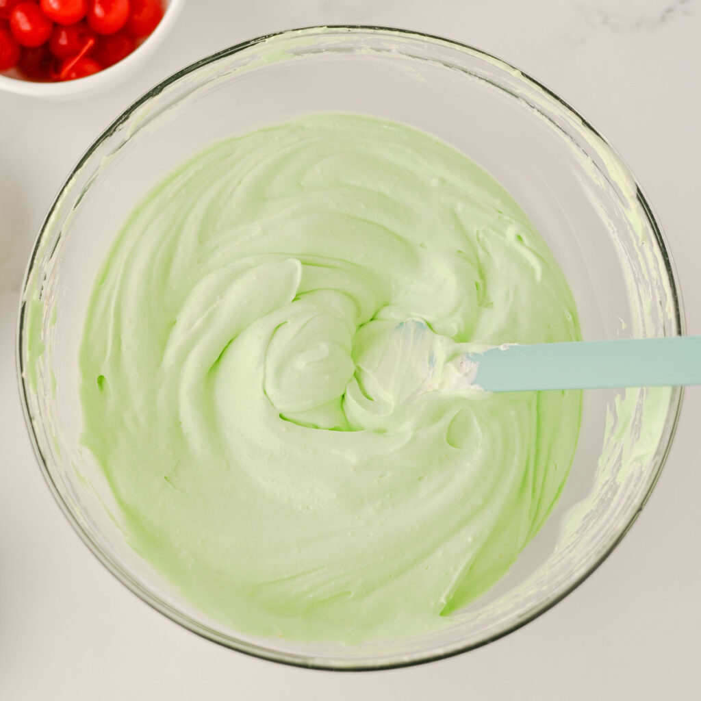shamrock shake pie filling in glass bowl