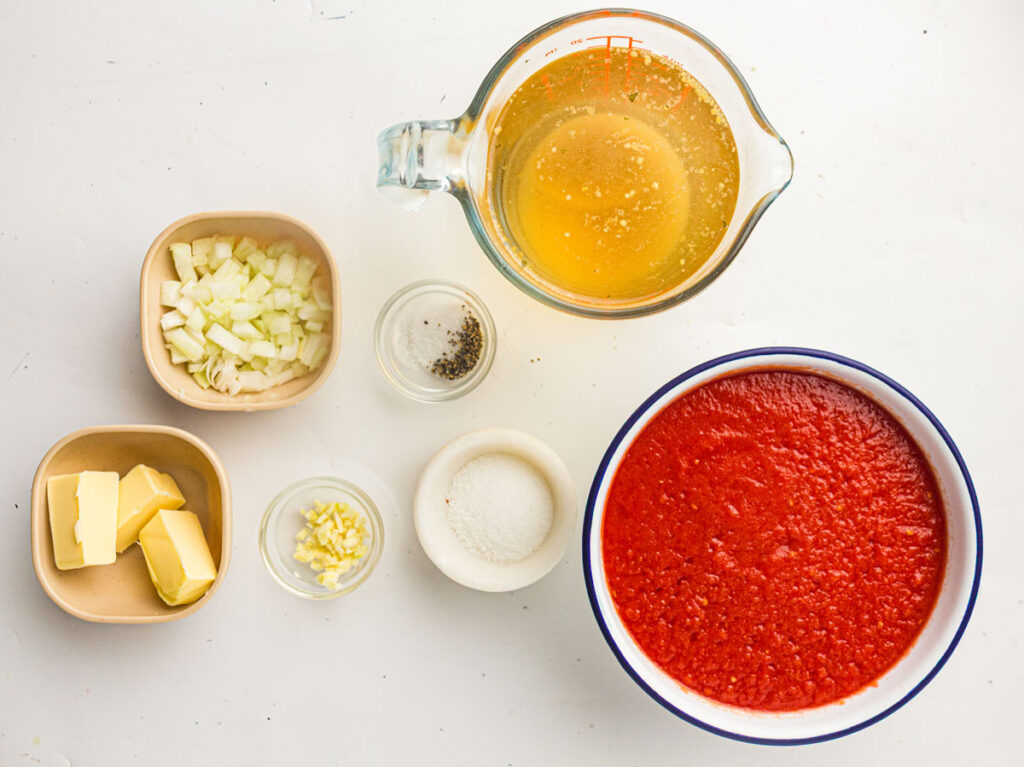 tomato soup in gredients on countertop