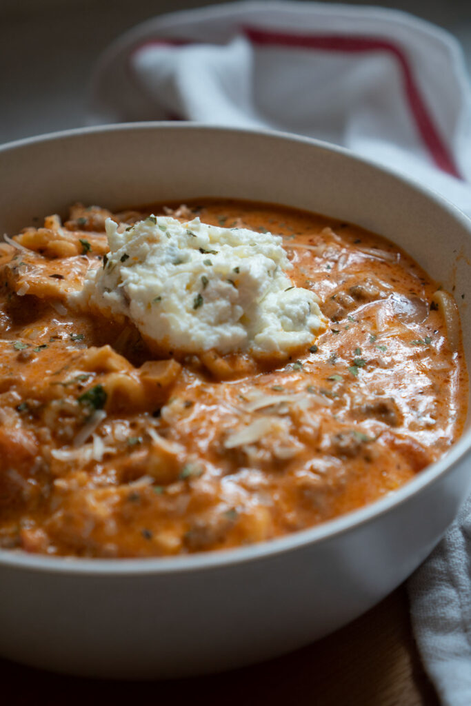 lasagna soup in white bowl